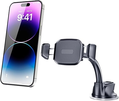OQTIQ Soporte de teléfono de automóvil con ventosa para tablero y parabrisas, agarres dobles con resorte que se expanden a 3.8 pulgadas, diseño de