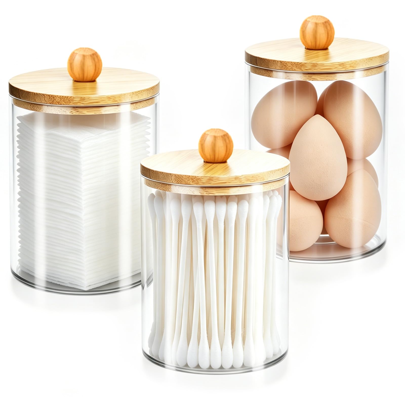 Set de 3 Organizador Bastoncillos de Algodón Acrílico con Tapa, Dispensador Contenedor Discos Desmaquillantes Bolas de Algodón Almacenamiento Cosméticos Baño Tocador, Transparente, Negro