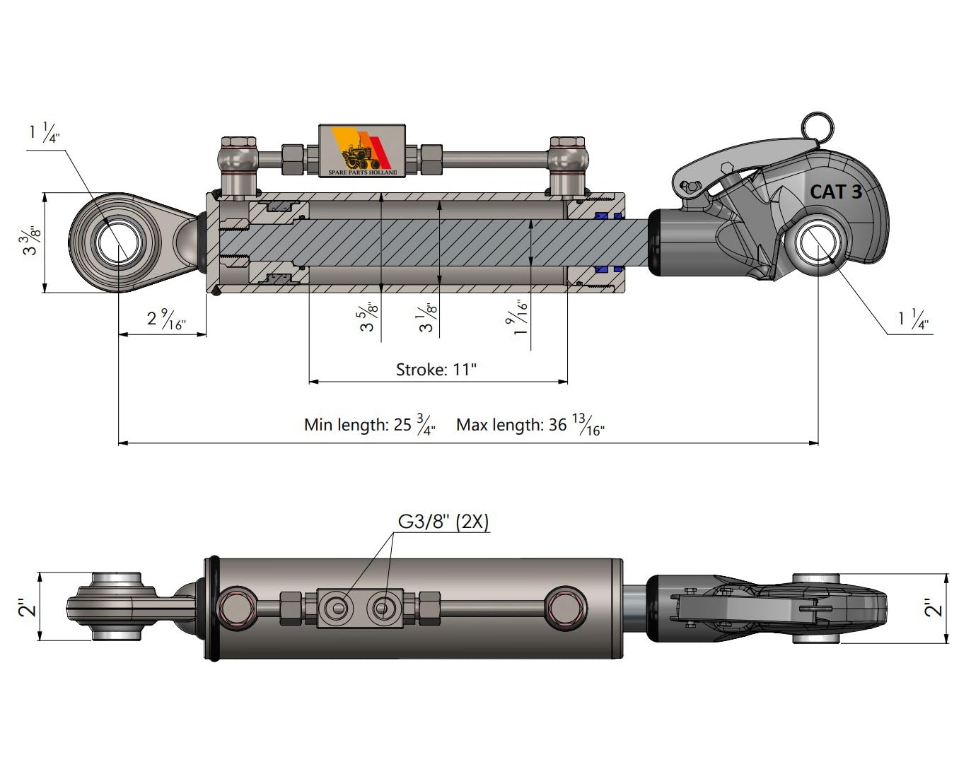 Hydraulischer Oberlenker Kat 3 - Ø32,4 (655-935 mm) mit Fanghaken, Sperrblock und 2 Släuchen