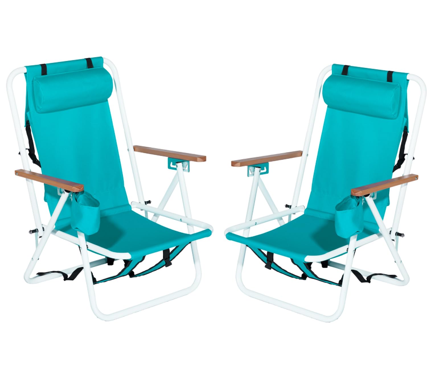 Pinikuyiro Set of 2 Folding Backpack Beach Chairs for Adults,Outdoor Folding Heavy Duty Camping Chair with Large Pockets and Cup Holder,Adjustable high Beach Lounge Chairs for Outdoor,Travel (Green)