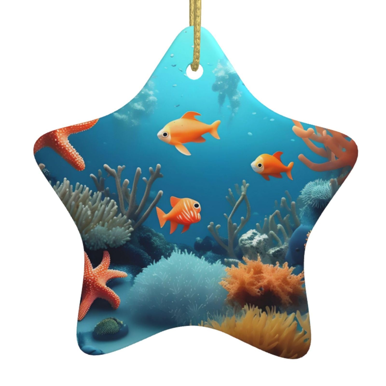 Coral Fish Underwater Christmas Ceramic Star Pendant with Punched Holes and Gold Wire Rope, Christmas Tree Home Decoration