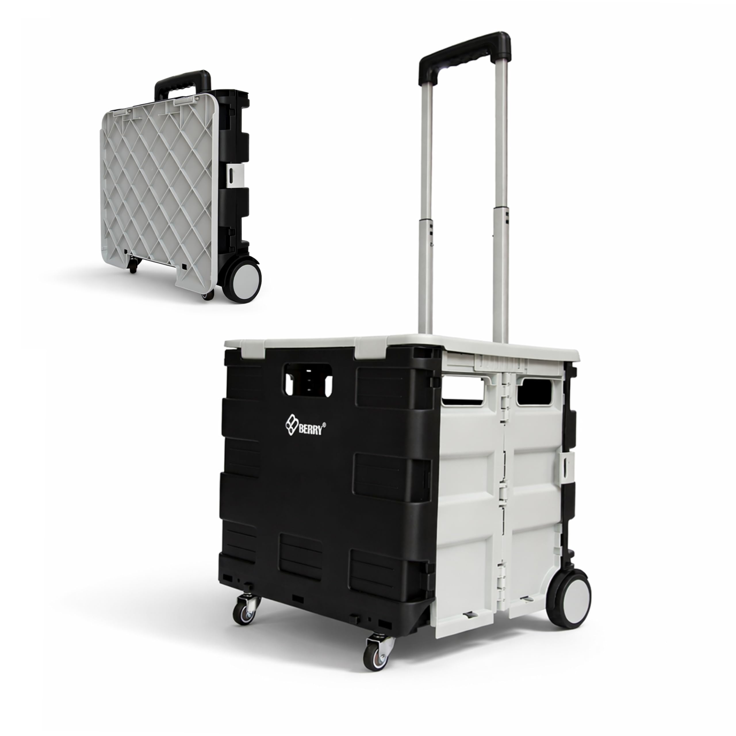 Berry 40kg Foldable Shopping Trolley - Grey & Black | Plastic Utility Cart with Lid | 4 Wheel Portable Trolley with Telescopic Handle for Shopping, Laundry, Teachers & Home Use
