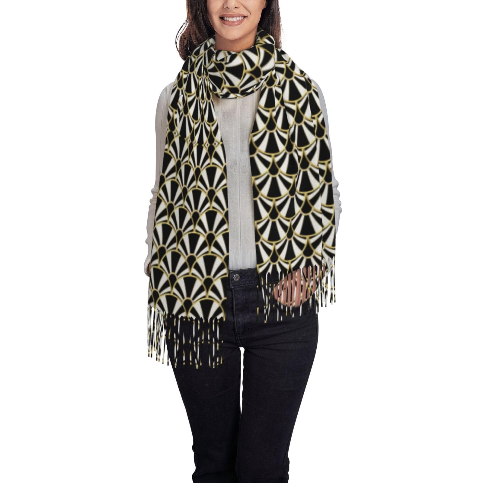 Tcoay Women's Shawl Printed Women's Scarf Faux Cashmere Scarf,Art Deco Fan