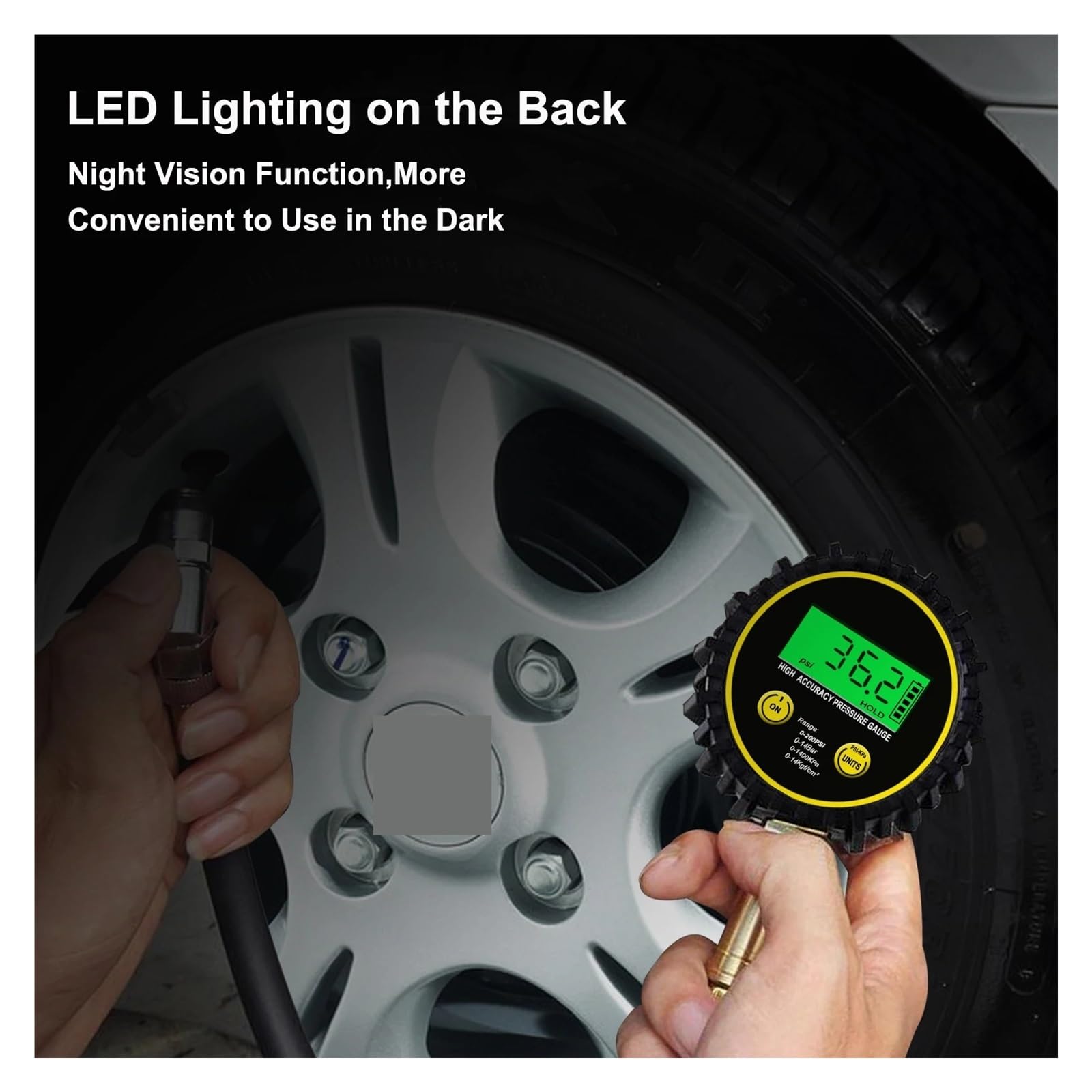 Manómetro de neumáticos Manómetro De Presión De Neumáticos De Coche, 200 PSI, con Manguera Flexible Y Pantalla LCD Retroiluminada, Manómetro Digital For Coche, Camión, SUV