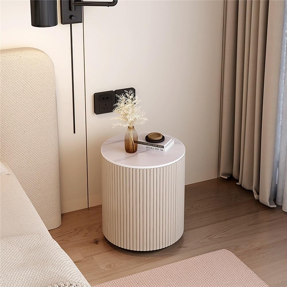 Comodino con piano in pietra sinterizzata scanalata cilindrica, comodino rotondo a doghe, tavolino portaoggetti minimalista for l'arredamento della camera da letto in stile crema(Brown)
