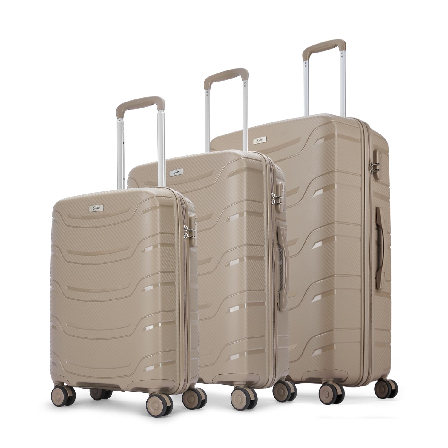 Skybags Curve Set of 3 Hard Luggage (Cabin+Medium+Large) | Polypropylene Luggage Trolley with 8 Spinner Wheels| Beige | Unisex – 76 Cm Skybags Curve Set of 3 Hard Luggage (Cabin+Medium+Large) | Polypropylene Luggage Trolley with 8 Spinner Wheels| Beige | Unisex – 76 Cm