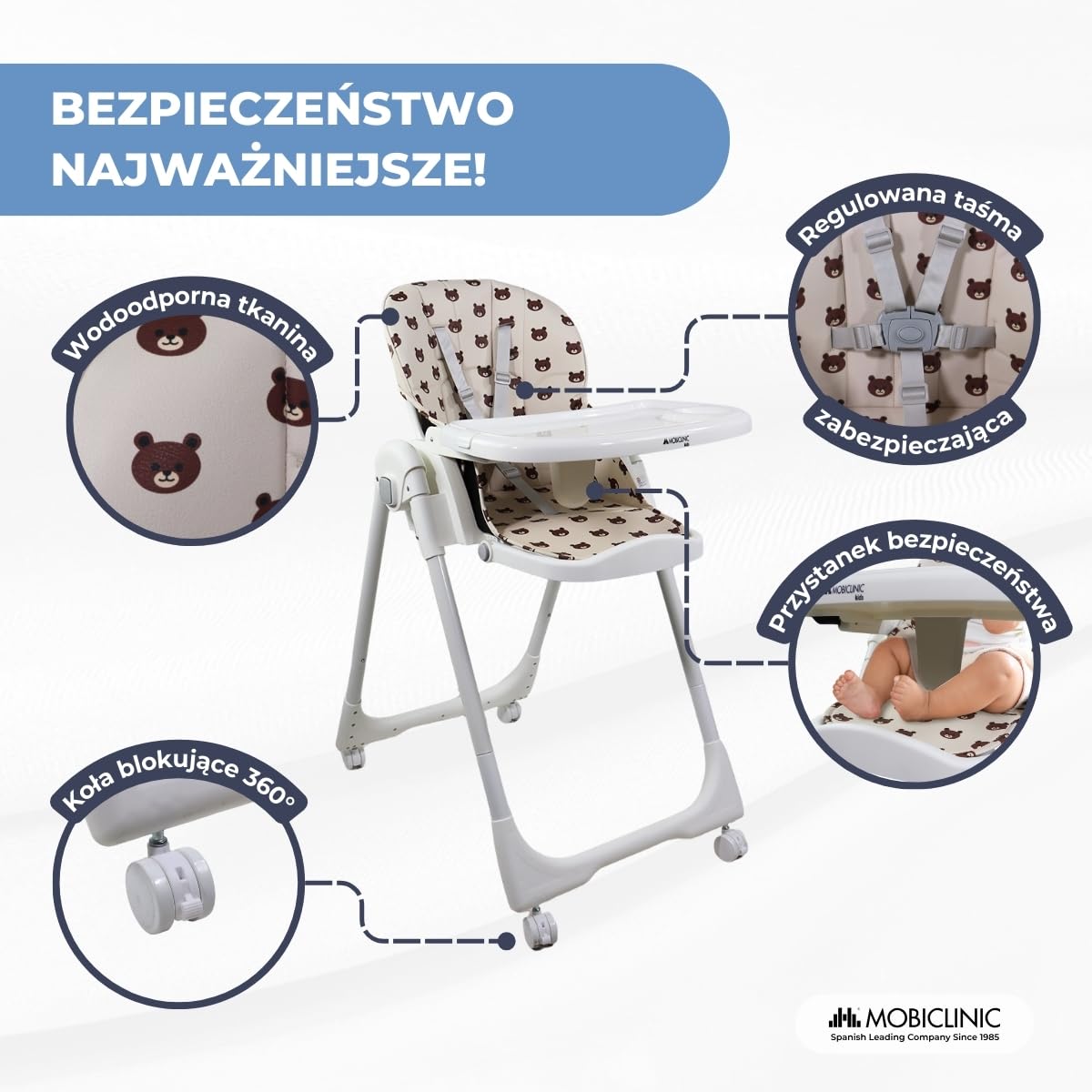 Mobiclinic®, Wysokie krzesełko dla dziecka, Evolutive, Dodatkowe składanie, Możliwość przekształcenia w krzesełko, Simba, 5-punktowe, Kółka z hamulcami, Podwójna wyjmowana tacka