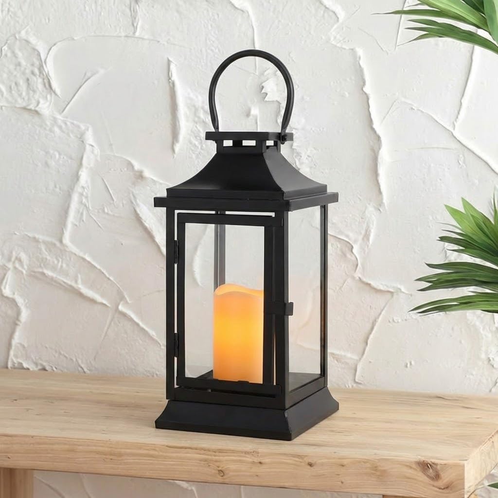 TRIROCKS Metal Candle Lantern 15'' High Decorative Outdoor Lantern Hanging Lantern with Timer LED Candle for Home Decor Living Room Parties Events Tabletop Indoors Outdoors (Black) image 5