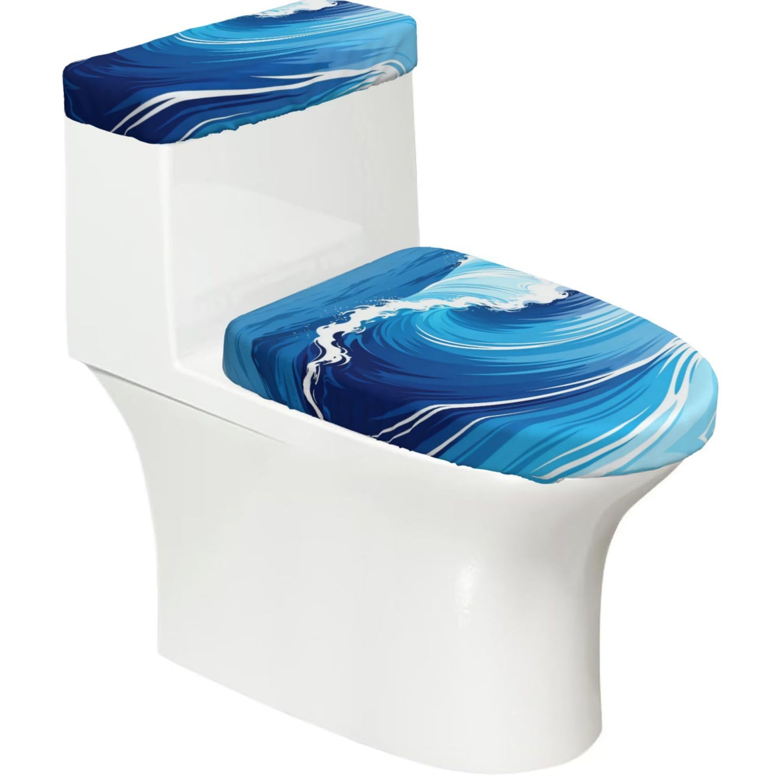 Ocean Wave Blue Elastic Toilet Cover Set of 2-Stretchy Lid and Tank Covers for Bathroom, Soft Washable U Shape Toilet Decor