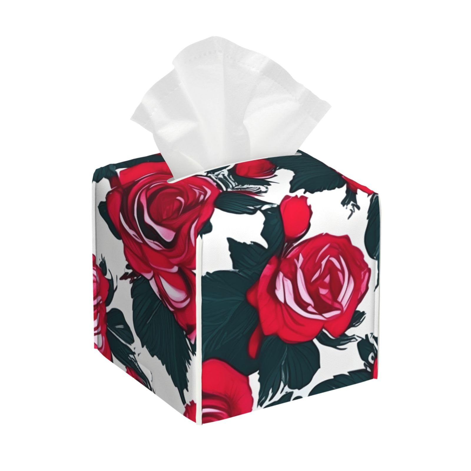Rose Flower Floral Picture Print Tissue Box Cover Leather Holder Square Facial Paper Organizer Dispenser