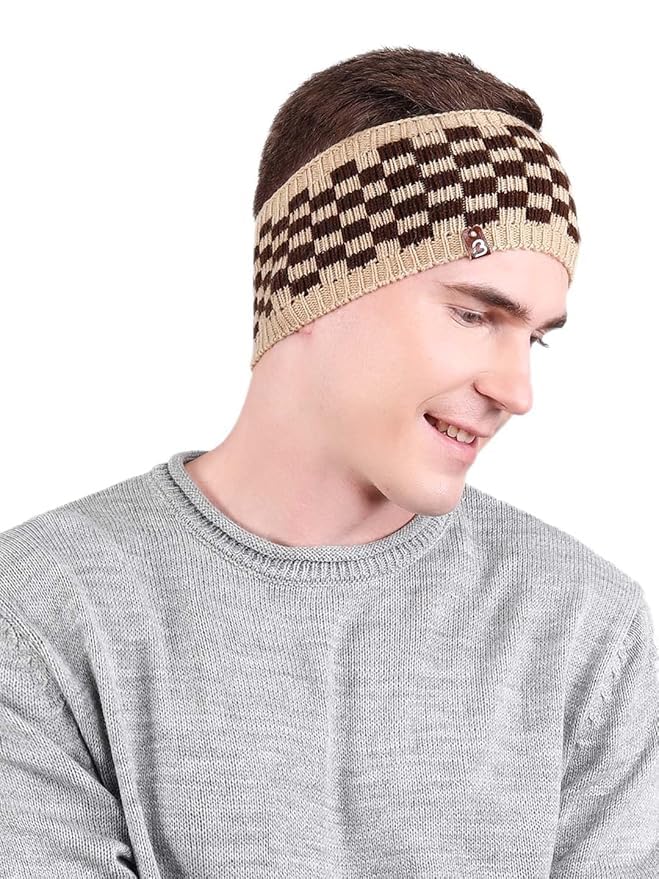 check Knitted Warm woolen Headband Earwarmer Earmuffs Earcap Earcover Winter accessories trendy checkered pattern Earwarmer for Men (Beige & Brown, Free Size)