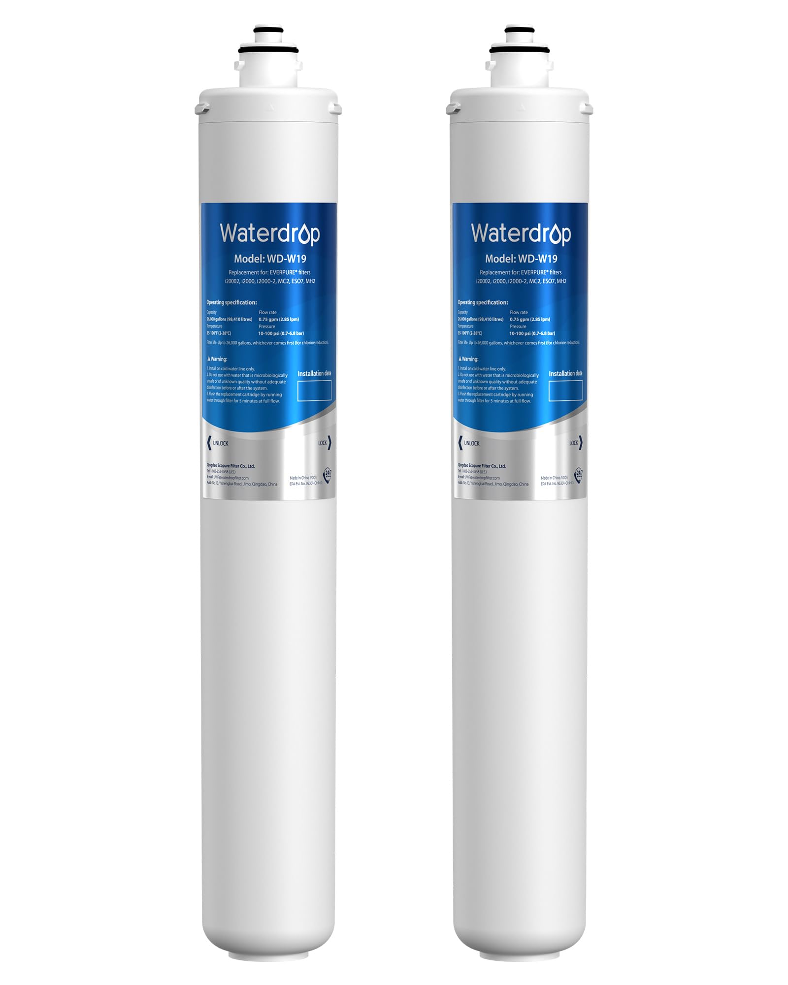 Waterdrop I2000 2 Under Sink Water Filter, Replacement for Everpure i2000, EV9612-22, MC2, ESO7, MH2, EV9612-56, EV9607-25, EV9613-21, 26K Gallons, Pack of 2