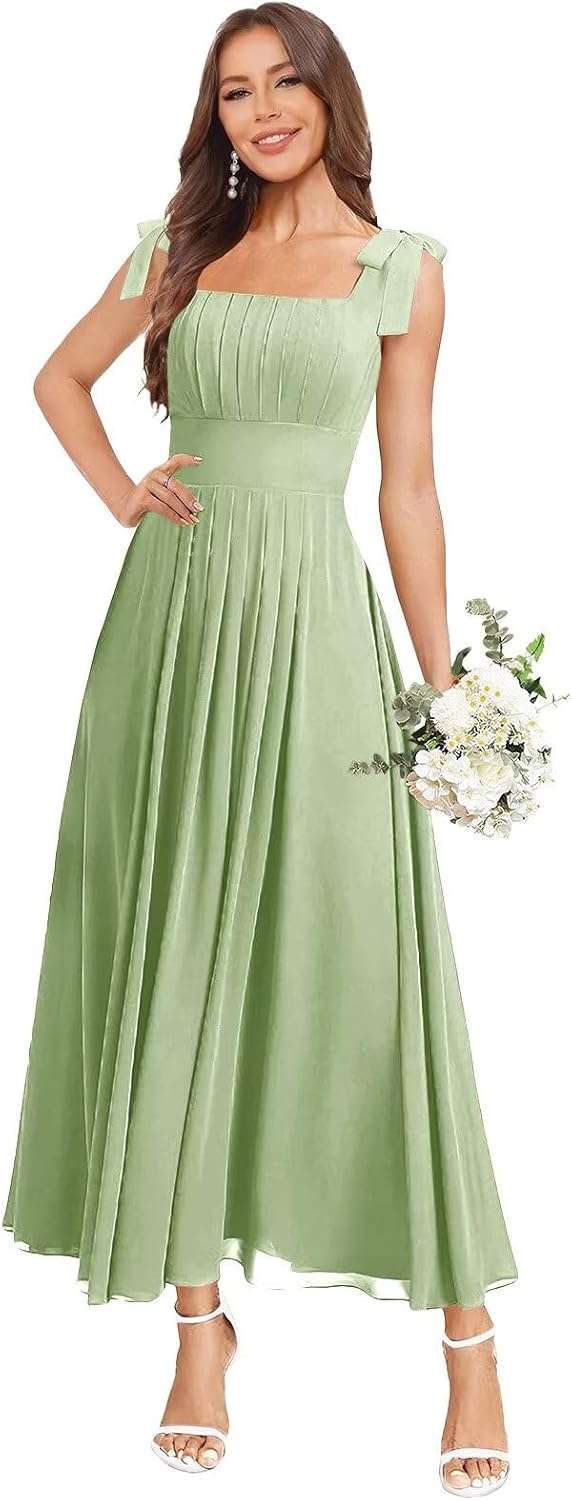 Tea Length Chiffon Bridesmaid Dresses for Women Spaghetti Straps Square Neck Formal Evening Gown