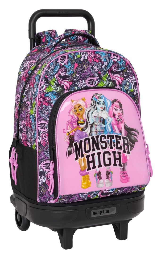 Safta MONSTER HIGH DRAMA - Large Backpack with Wheels, Compact, Removable, Ideal for Children of Different Ages, Comfortable and Versatile, Quality and Resistance, 33 x 22 x 45 cm, multicoloured, M,