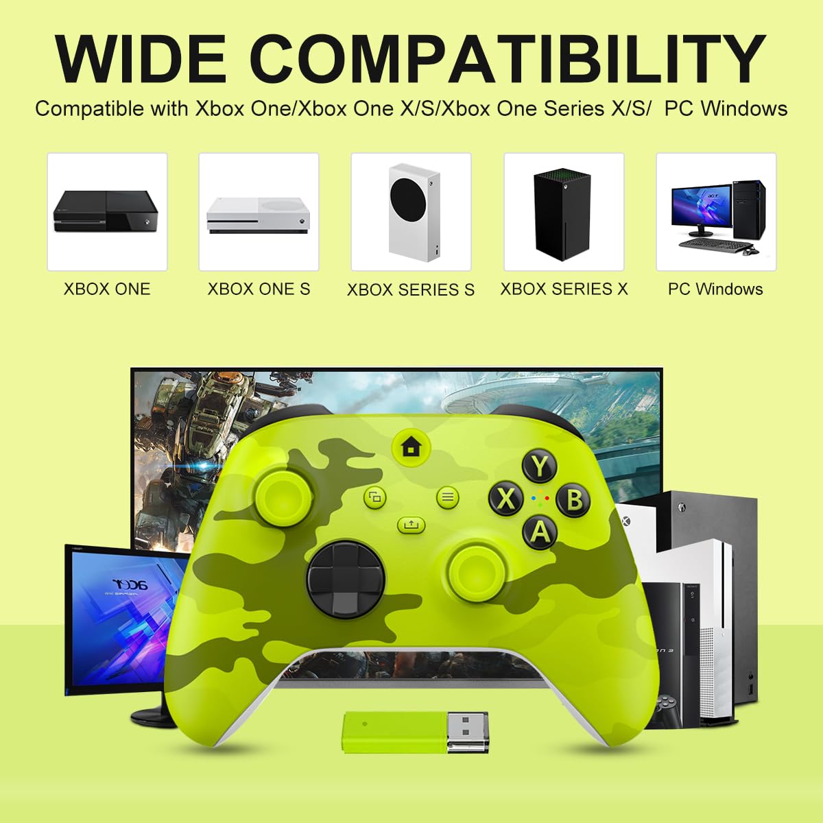 BUERTT Controller Xbox One, controller Xbox Wireless per Xbox One, Xbox Series X/S, controller wireless con jack audio da 3,5 mm, con adattatore wireless da 2,4 GHz, giallo mimetico