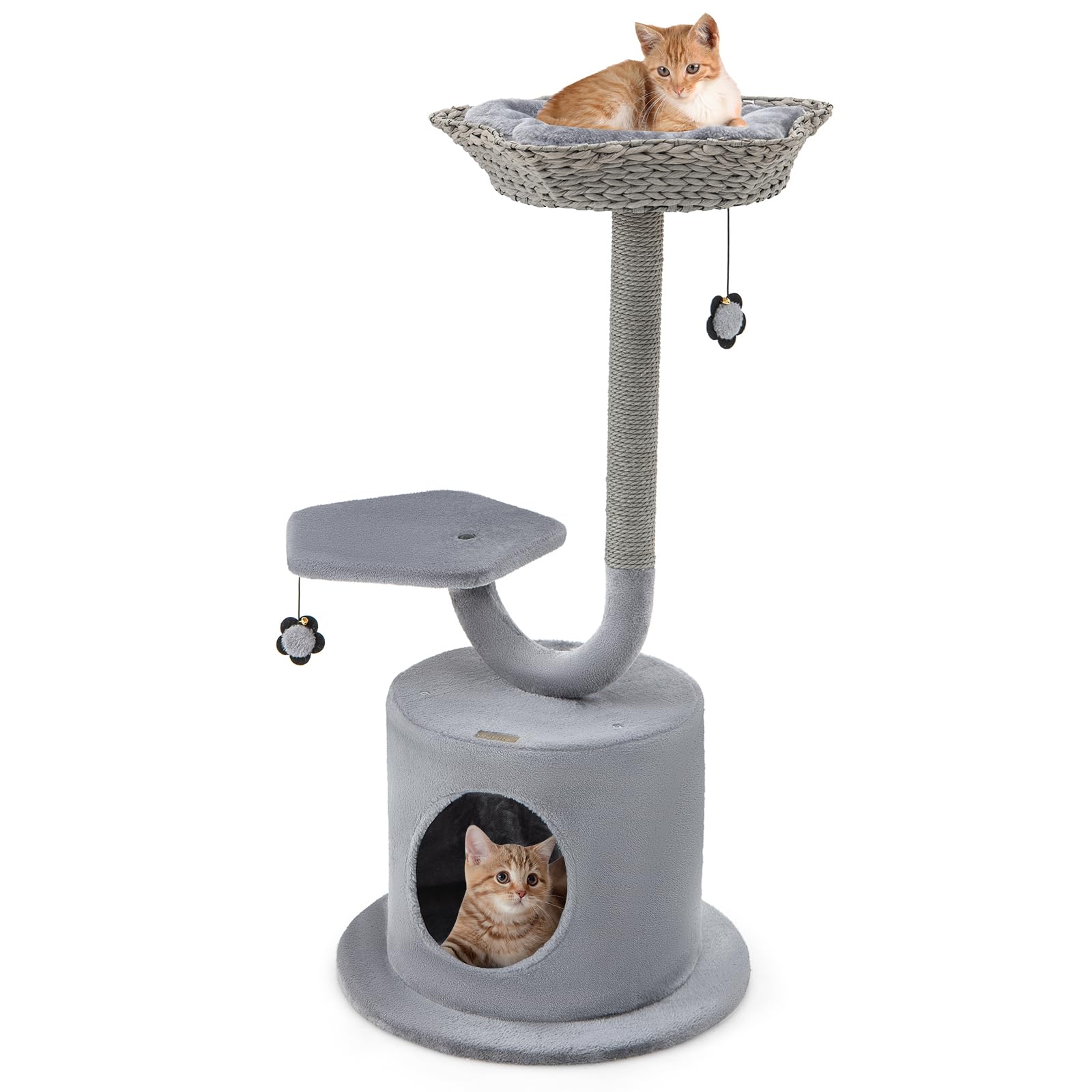 PETSITE42" Cat Tree for Indoor Cats, 3-Tier Cat Tower with Scratching Post, Top Padded Perch, Jumping Platform, Private Condo, 2 Dangling Balls, Small Flower Cat Tree for Small/Large Cats