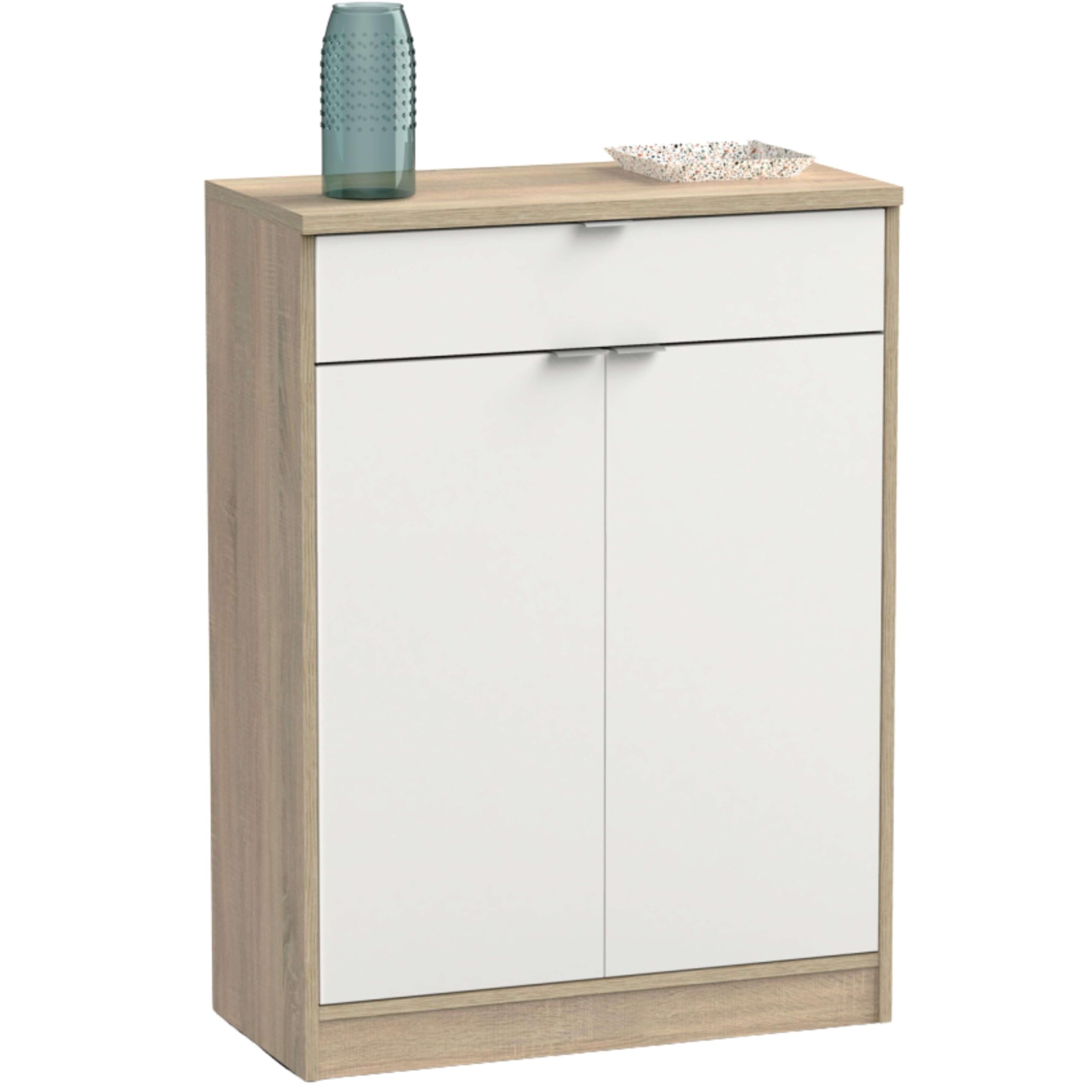 MUEBLES PITARCH | Recibidor Zapatero Mueble Auxiliar de Entrada con cajón y 4 estantes Regulables, Blanco Alto Brillo y Roble Cambrian, 20 Pares de Zapatos, 101x75x36cm, Modelo Berlín