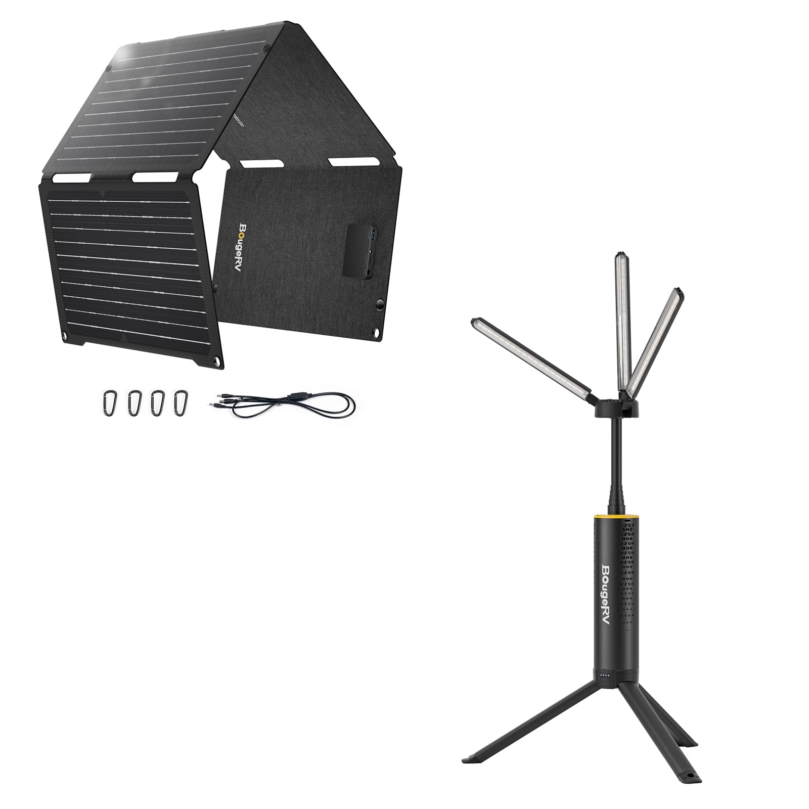 BougeRV T1 Campinglampe mit 50W ETFT Solarpanel 15600mAh Schwarz | 1,68m einziehbar, Höhe & Winkel einstellbar, 8–102 Std Laufzeit, 2,5 Stunden Ladezeit, IPX5, für Camping und Reise