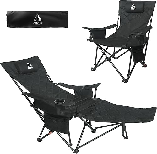 Silla de camping reclinable 2 en 1, silla de playa plegable portátil con reposapiés y respaldo ajustable, cómoda silla de césped para adultos