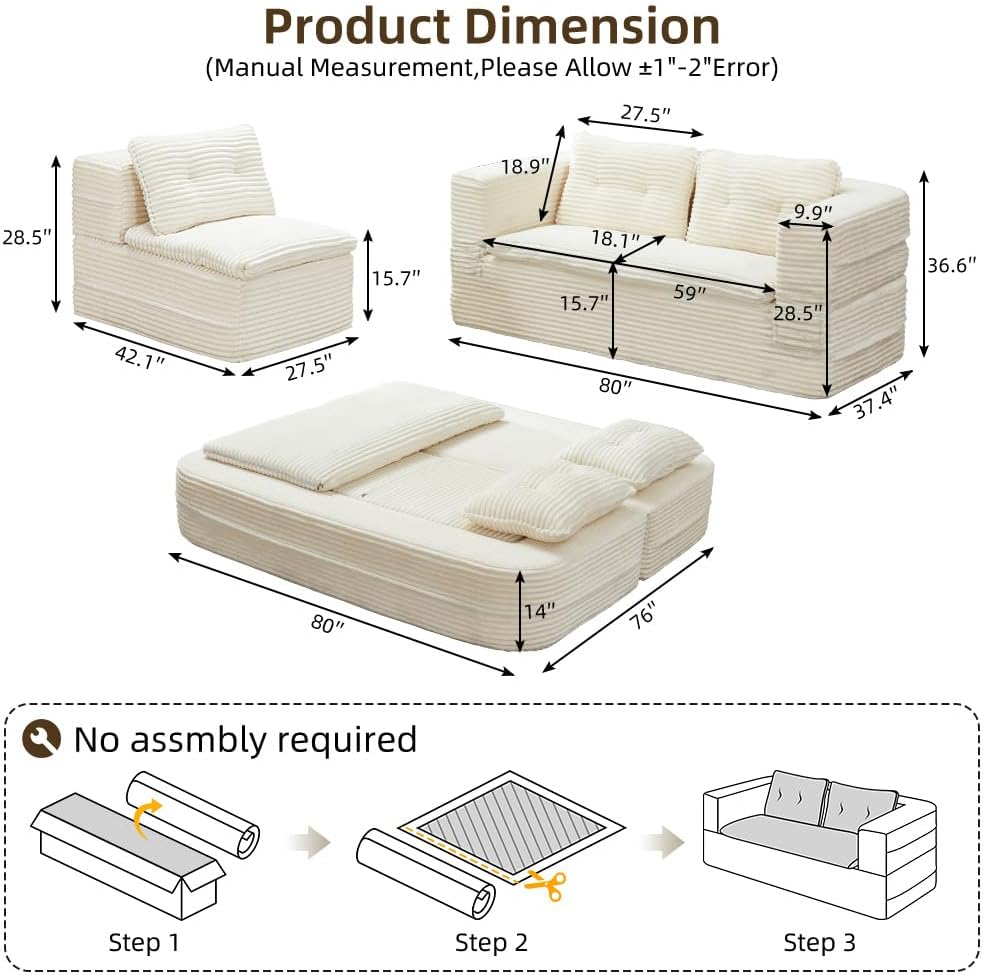 Folding Convertible Sectional Sofa Bed, Corduroy Floor Couch, Loveseat Lounge Chaise for Office, Apartment,80" King Size Bed (Beige)