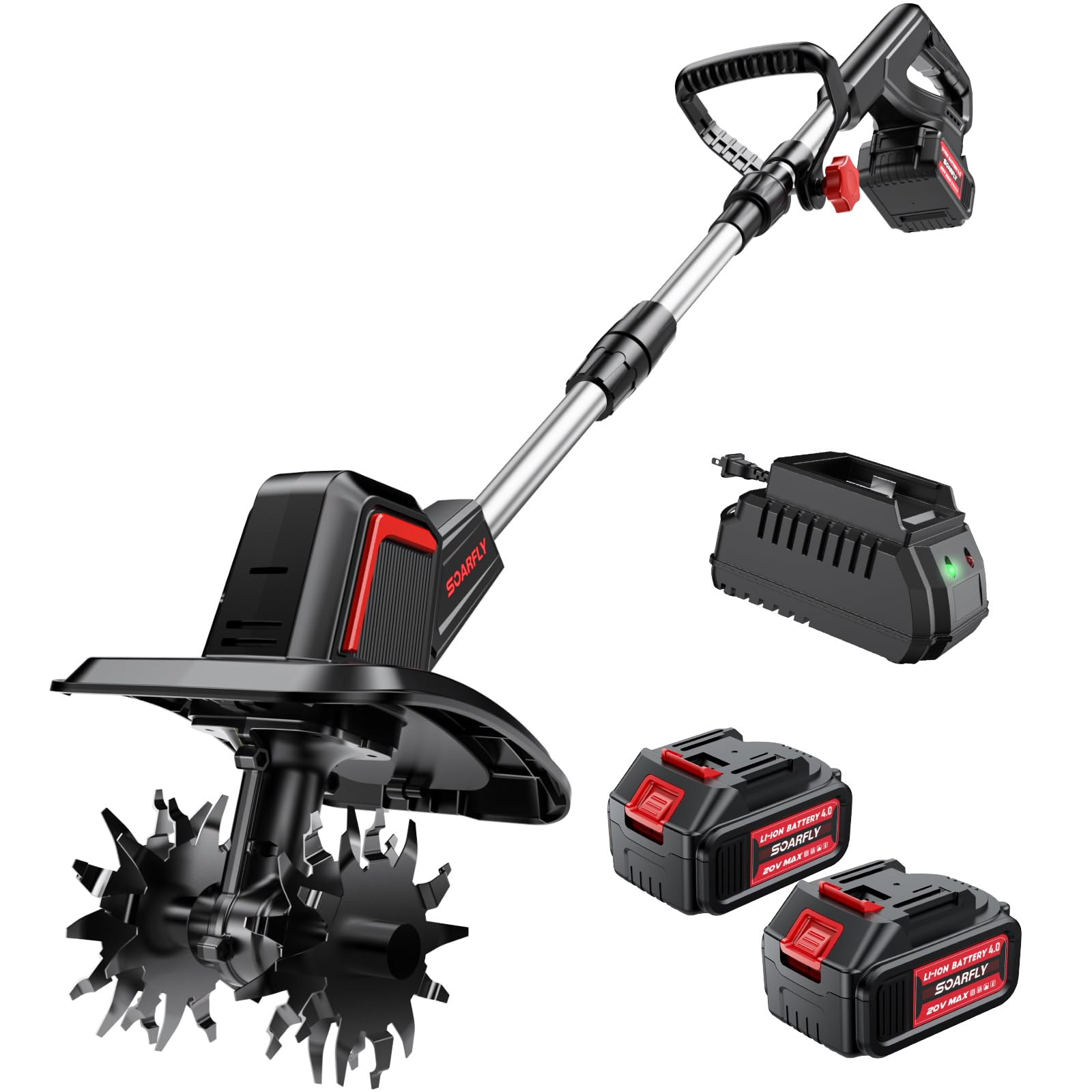 Cordless Electric Tiller for Gardening, Total 8000mAh Battery Powered Mini Cultivator with 2×4.0AH Batteries & Charger, 9" Width, 6.6" Depth, 48 Steel Tines Rototiller for Soil Cultivation