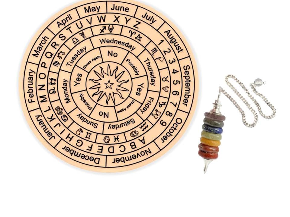 Acrylic Brown Dowsing Board 6 Inch with Crystal Seven Chakra Pendulum | Metaphysical Message Board for Witchcraft | Pendulum Dowsing Board | Witch Board