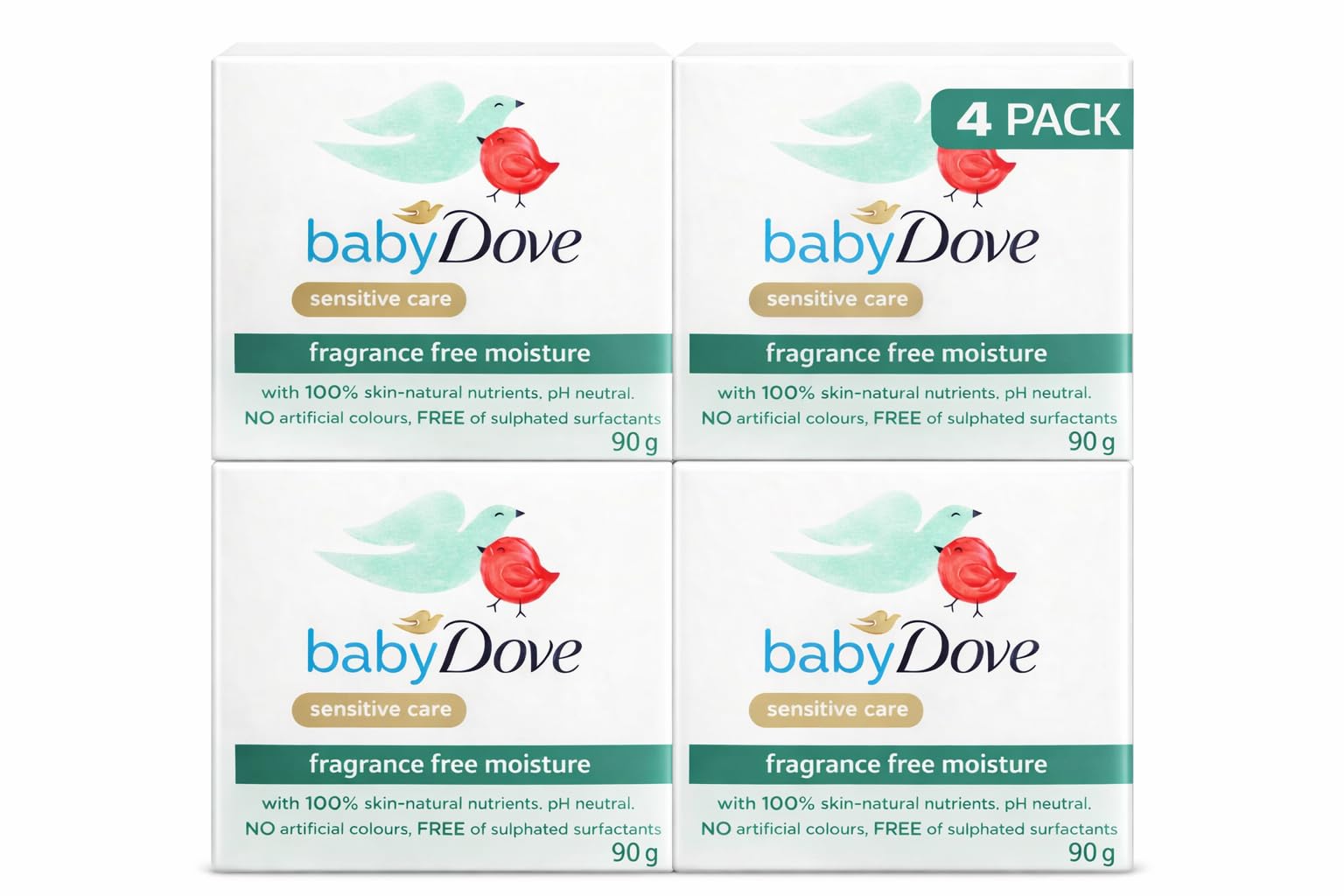 BABY DOVE Fragrance Free Moisture Bathing Soap Bar for Sensitive Baby Skin, Gentle Hypoallergenic Tear-Free Mild Cleanser, 4 x 90g