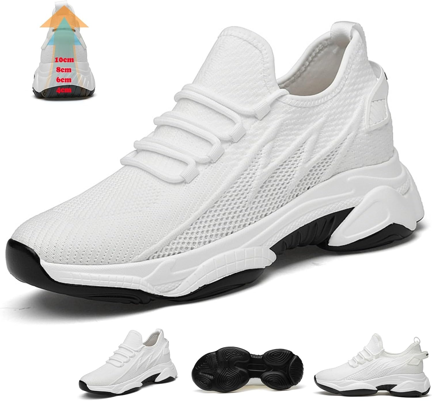 Baskets de course homme blanches confortables et respirantes avec semelle rehaussante 6 cm