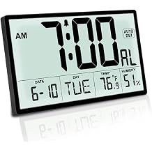 Digital Wall Clock with Temperature Humidity Monitor, 9" Auto Backlight Auto DST Dual Power Alarm Clock Black