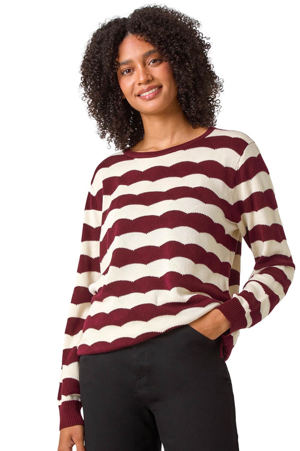Roman Originals Women Stripe Print Jumper - Ladies Spring Everyday Summer Holiday Crew Neckline Comfy Long Sleeve Soft Star Pull Over Hem Sweaters - Wine - Size 14