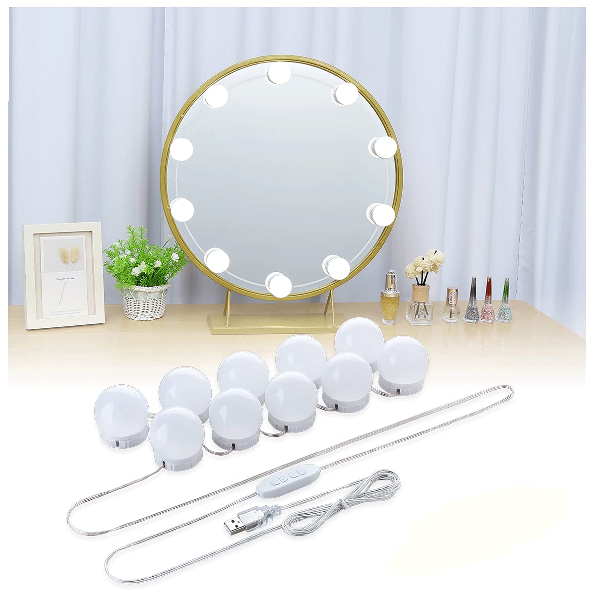 SANLION Mirror Lights, Bathroom Mirror Lights, Dressing Table Mirror Lights ​USB Cable with 10 Dimmable Bulbs LED 3 Color Modes & 10 Brightness