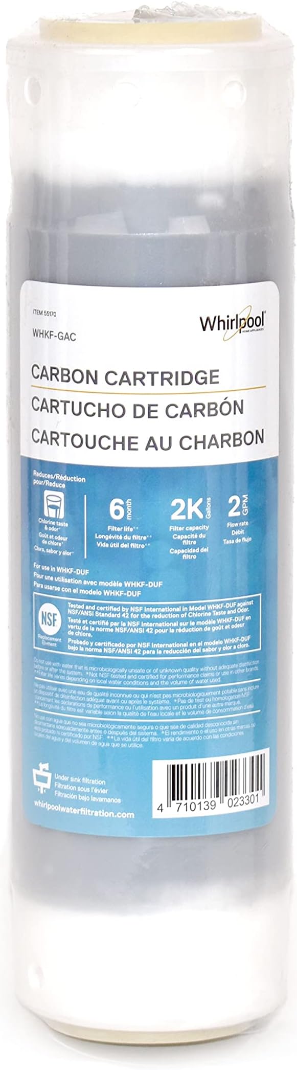 Granular Activated Carbon 10" x 2.5" Replacement Water Filter WHKF-GAC, Reduces Chlorine, Bad Taste & Odor, Use with Home Under Sink Drinking Water Filtration or Reverse Osmosis System