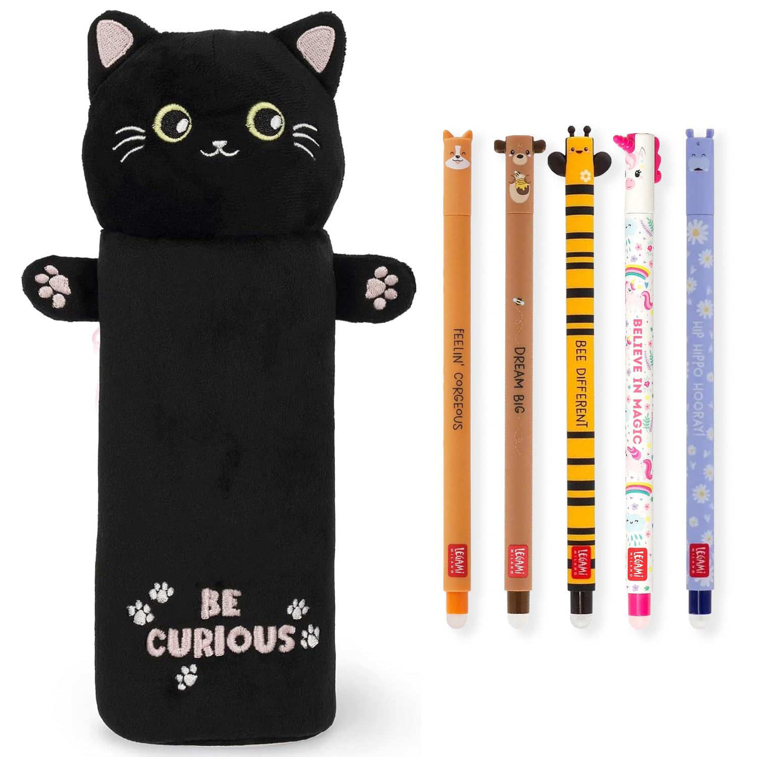 LEGAMI Super Soft Pencil Case & Erasable Gel Pens | Set of 5 Cute Animal Pens with Thermosensitive Ink + Plush Pencil Case | Back to School Supplies for Girls, Boys, Kids & Teens (Kitty) — image 1