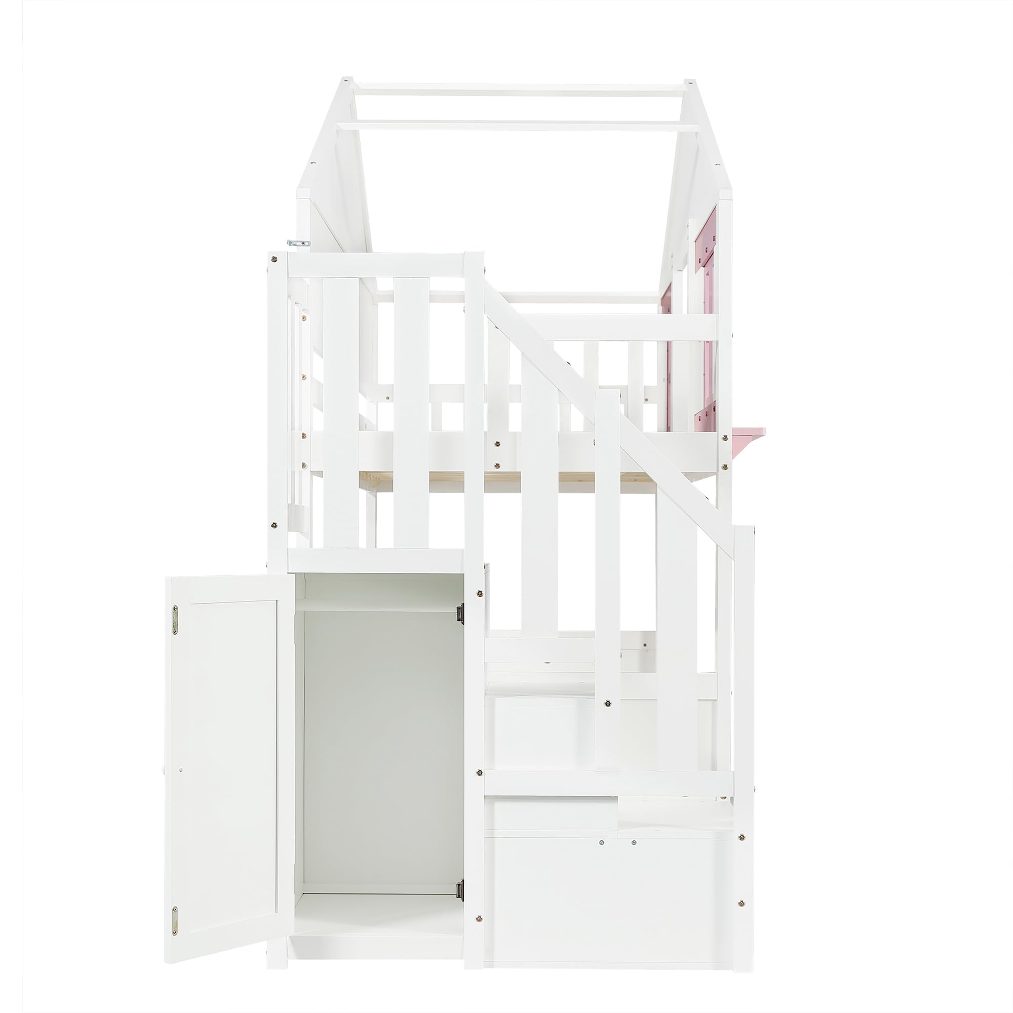Letto a castello 90 x 200 cm, letto in legno con finestra e tetto, letto per ragazzi con letto pieghevole (senza materasso) bianco+rosa