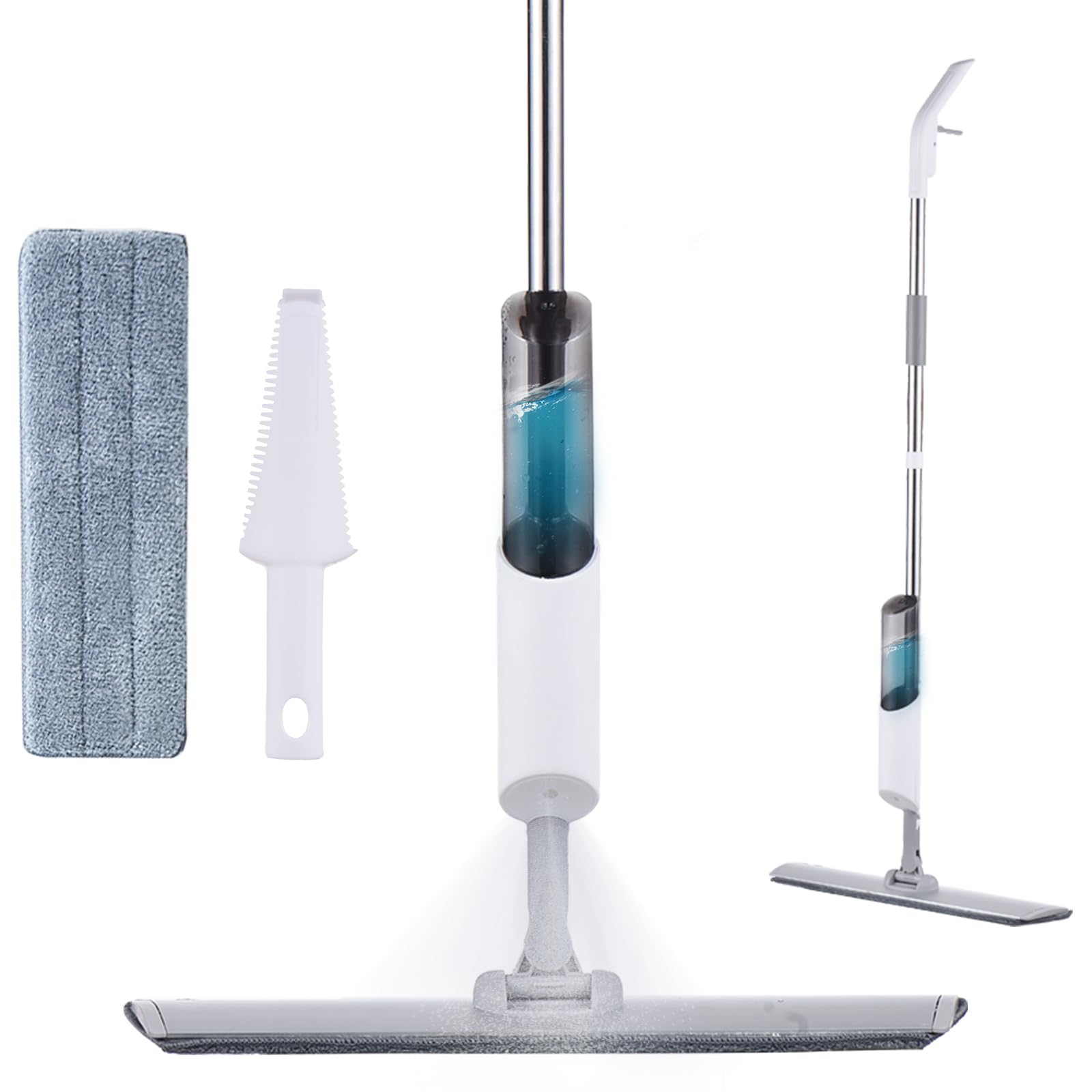 Mopa giratoria de 360° para suelos de madera dura y azulejos, botella recargable de 270 ml, 2 almohadillas lavables y estropajo, fregona plana de microfibra húmeda y seca para limpieza del hogar y la