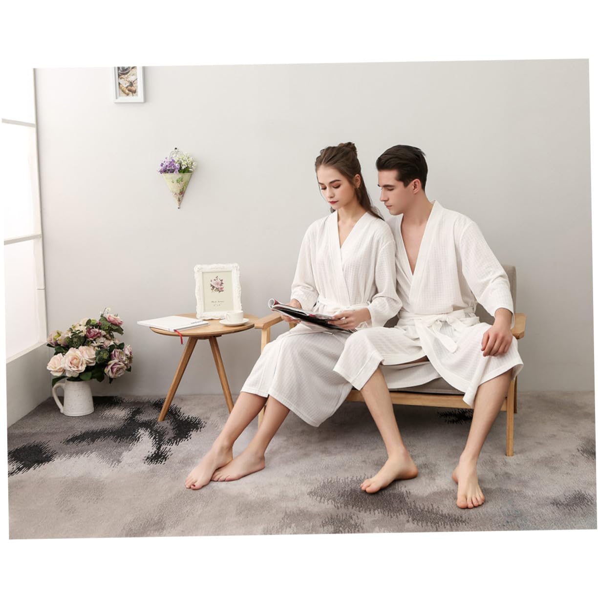 LIFKOME Peignoir Couple Homme à Manches 3/4 Respirant en Polyester Xl Blanc