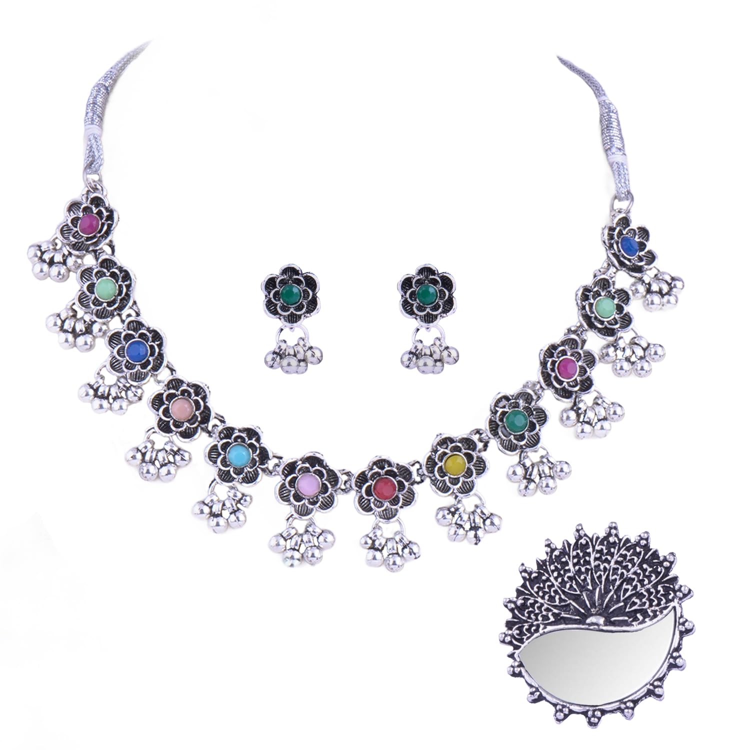 JFL - Jewellery for Less Combo Traditional Oxidised Silver Plated Floral Multi Colour Necklace Set with Mirror Work Adjustable Finger Ring Women & Girls.(Navratri Special) (B0DHL9XSHS) Amazon Price History, Amazon Price Tracker