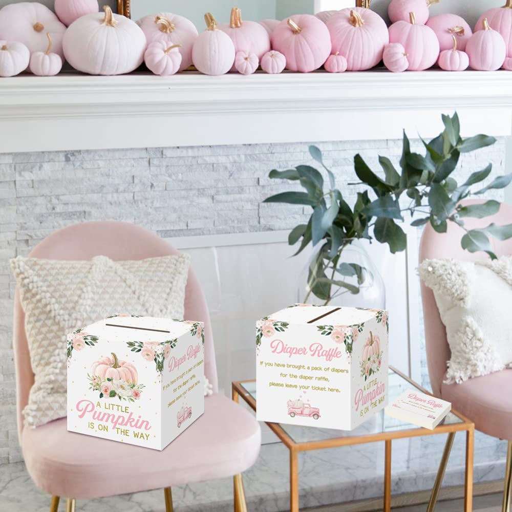 Pudełko na karty na pieluchy z 50 szt. biletów na pieluchy z dynią, jesienne kwiatowe pudełko na pieluchy, loteria, pudełko na karty na baby shower, gry na baby shower, ujawnienie płci, zaproszenie