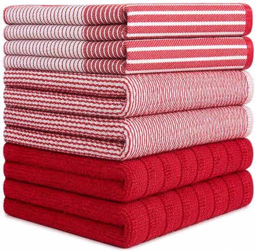 Image of Premium Kitchen Towels (20 inchx 28 inch, 6 Pack) | Large Cotton Dish Towels | Flat & Terry Highly Absorbent Kitchen Linen Set with Hanging Loop | Red