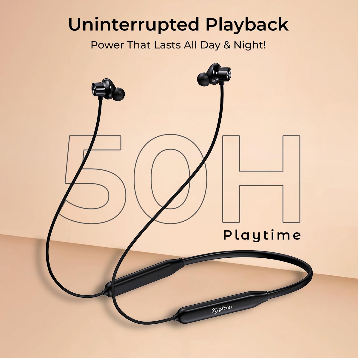 pTron Tangent Rush w/ 50Hrs Playtime, Pristine Sound, Dual-Device Pairing, Bluetooth 5.4 Wireless in-Ear Earphones with Mic, Voice Assistant, Type-C Fast Charging & IPX5 Water Resistant (Jet Black)