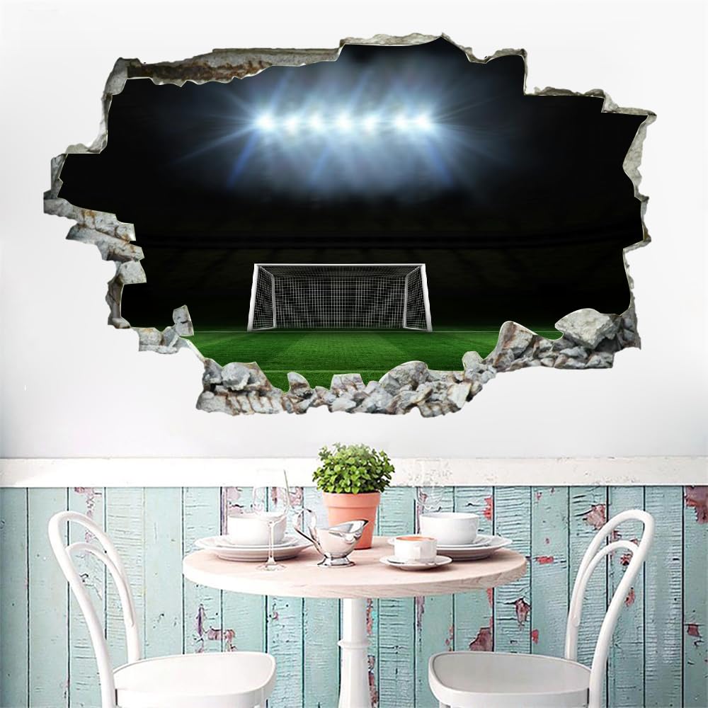 Adesivi Murali Murales Fracassati 3D Campo Da Calcio Decalcomanie Per Pavimenti In Impermeabile Art Gli Sport Per La Camera Da Letto, La Decorazione Della Parete Della Scuola Materna 120x80cm