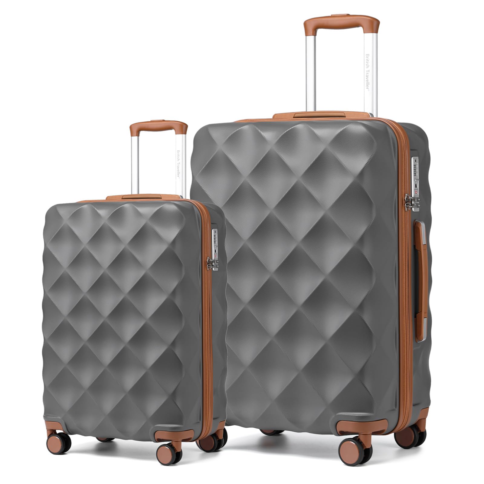 British Traveller 2-Teiliges Kofferset für Paarreise, Hartschalen-Koffer Set Leicht & Robust, 34L+57L, Zweiteiliges Gepäckset mit 360° Spinner Räder, TSA Zahlenschloss, Grau