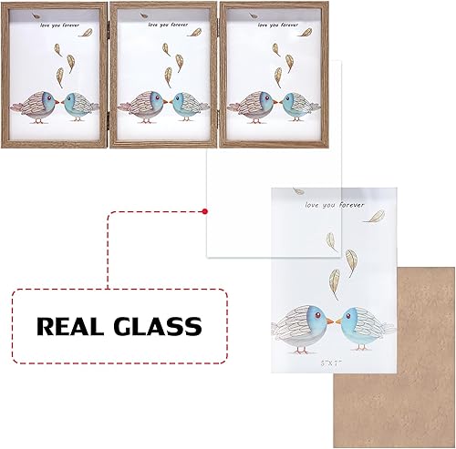 Miniatura 3 de TOFOREVO Marco de fotos de madera triple de 5 x 7 pulgadas, con tres bisagras, soporte de cristal verticalmente en escritorio o mesa