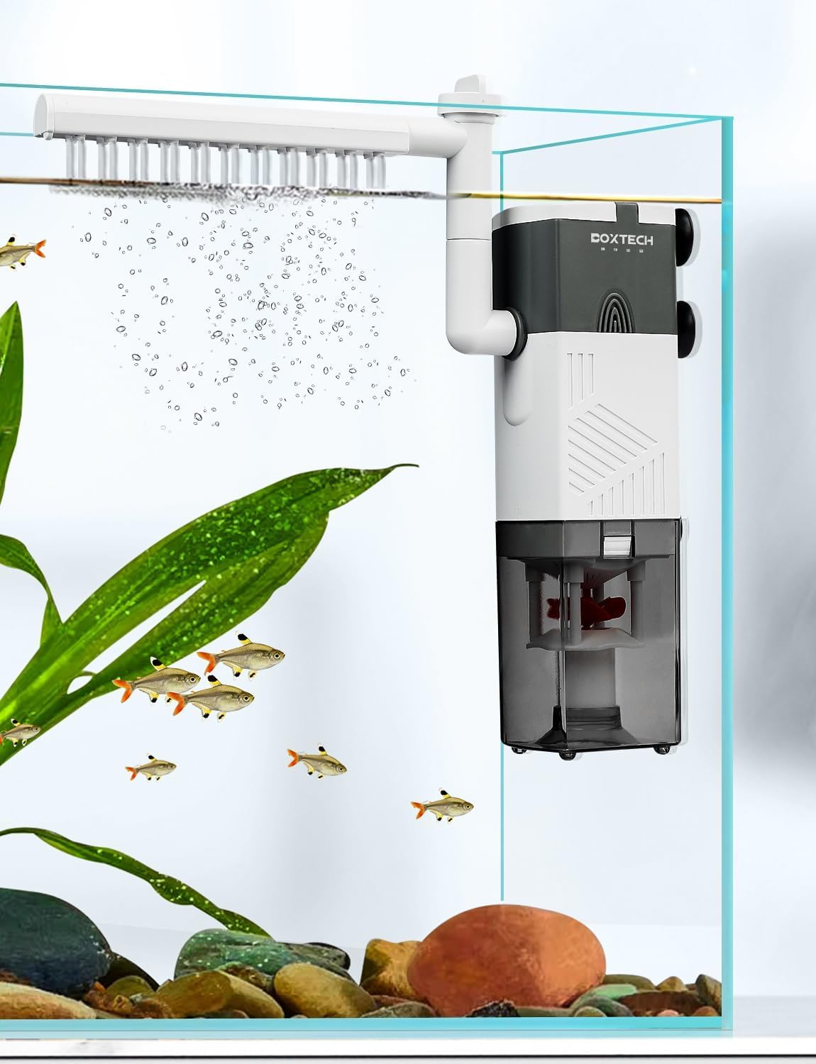 boxtech 4 in 1 Filtro Acquario Interno, Filtro per Acquario Regolabile con Pompa Ossigenatore, Filtro per Acquari Silenzioso 6W, 450L/H, Adatto per Acquari da 8-17Gallon (M)