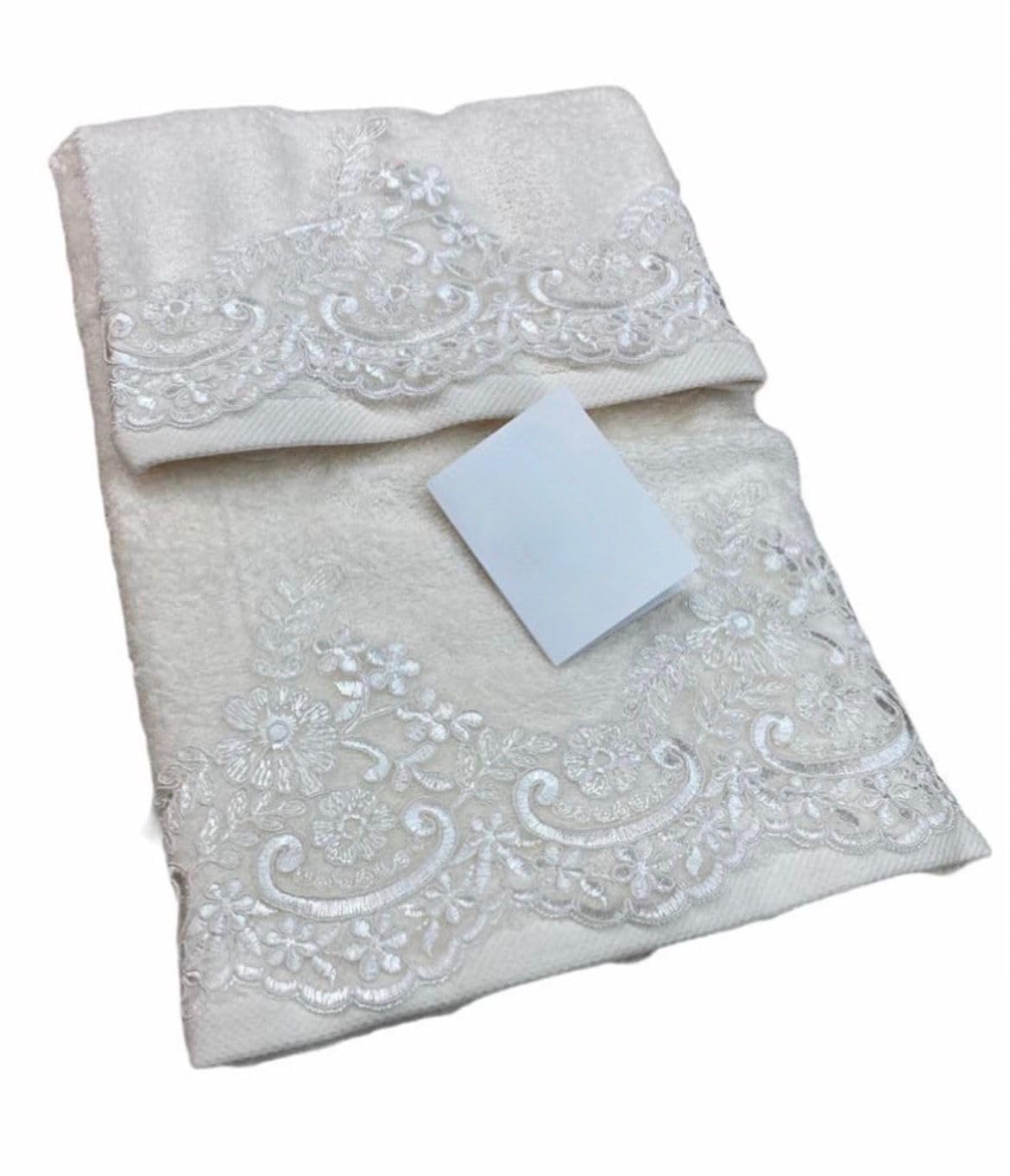 Corredocasa Asciugamani 1+1 in Spugna 450 gr. con Pizzo in Rebrode' Confortevoli e Super Assorbente Disponibile in piu' Colorazioni Classiche e Delicate. (Bianco