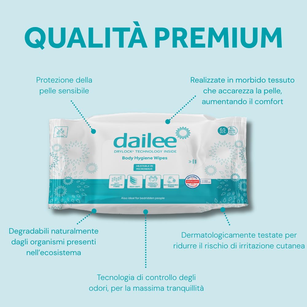 Dailee Salviette Umidificate Adulti - 520x Salviette Anziani XXL per Pulizia Corpo e Igiene Intima - Grandi, Umide, Soffici, Scaldabili in Microonde e Biodegradabili - 8 Confezioni da 65 Pezzi