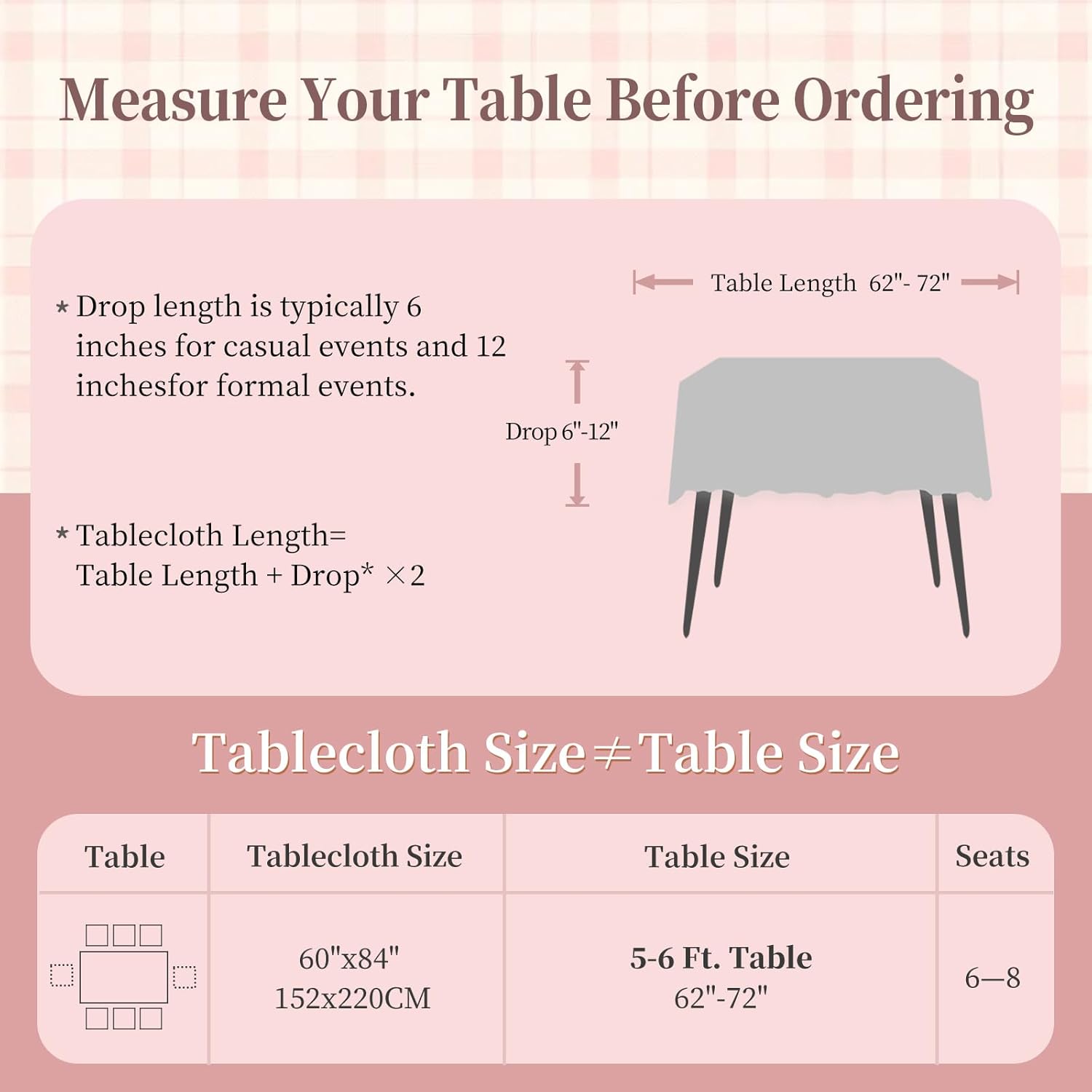 Laolitou Light Pink Checkered Table Cloth 6 Foot Rectangle Table Gingham Textured Cotton Linen Tablecloth Wrinkle Free Stain Resistant Plaid Table Cover for Dining Kitchen, 60"X84"