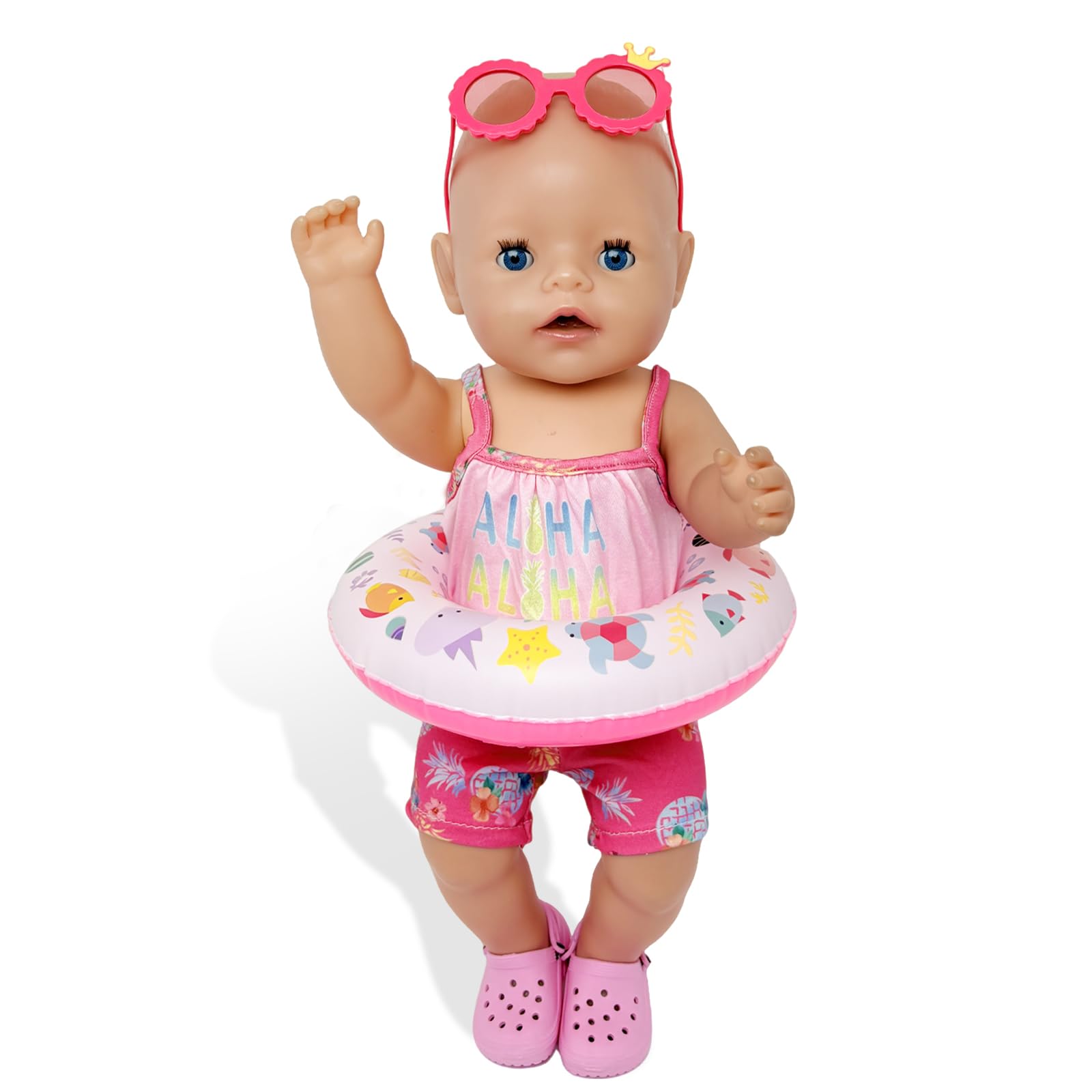 Atomvia 6-piece Swimming Baby Doll Clothes 43 cm Swimsuit for Dolls Swimming Set for Dolls Swimsuit Doll Set Pink with Swimming Ring Shoes Clothes Hanger and Sunglasses(Without Doll) - Image 3