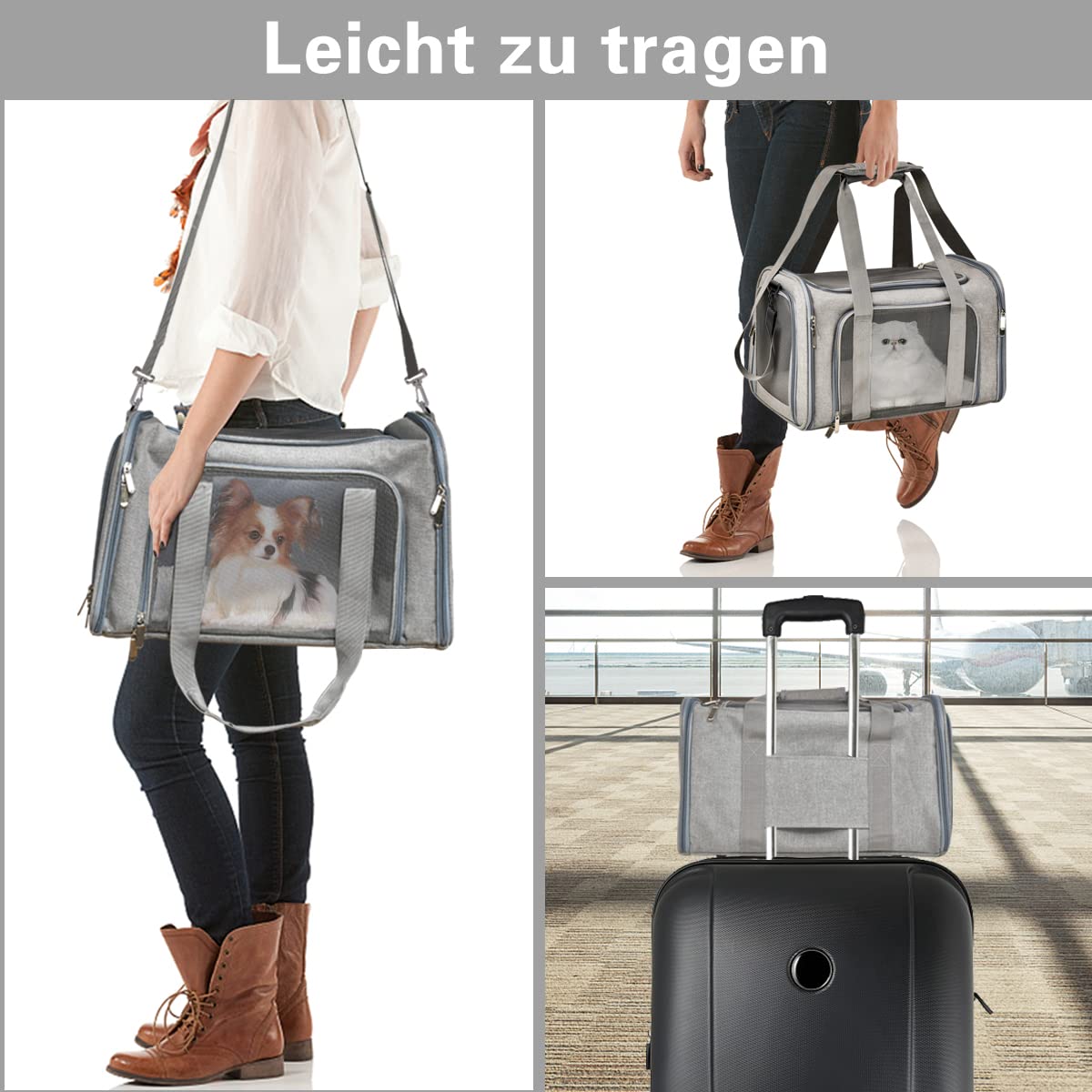 Transporttasche für Katze Hund, Faltbare Tragbar Katzentransportbox Hundetransportbox für Mittel Kleine Haustiere Katzen Hunde, Katze Tragebox Tragetasche bis 15lbs(Grau, Medium)