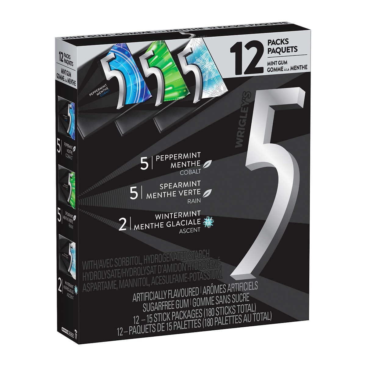 Wrigley’s 5 Sugar-free Gum, Variety Pack,15 sticks, (Pack of 12)